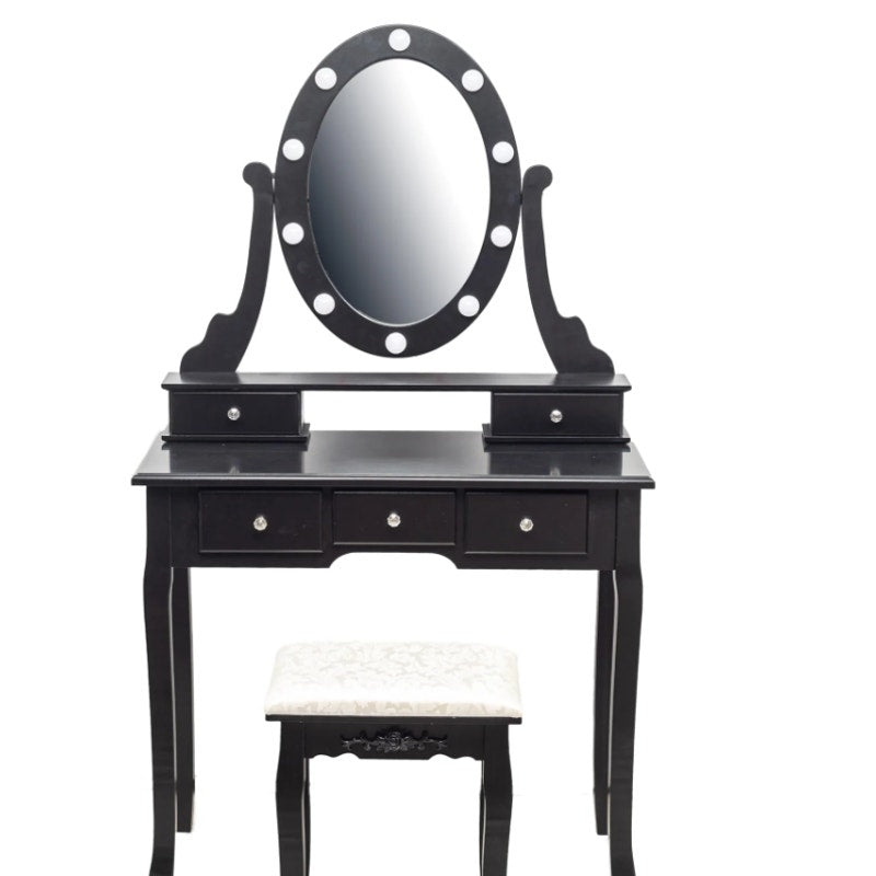 GARVEE Vanity Desk Wood Makeup Dressing Table with Oval Mirror, Lights & Stool