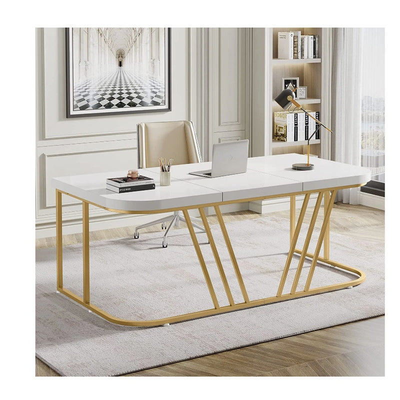 Tribesigns 63" Executive Desk Computer Office Desk Gold Metal Frame White Top