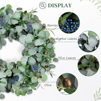 24-Inch Eucalyptus Door Wreath with Olive Leaves & Berries - Green