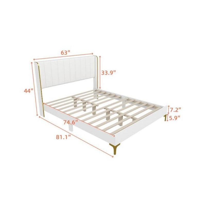 Queen Platform Bed with White Wood Frame, Upholstered Headboard, Gold Edged Panels