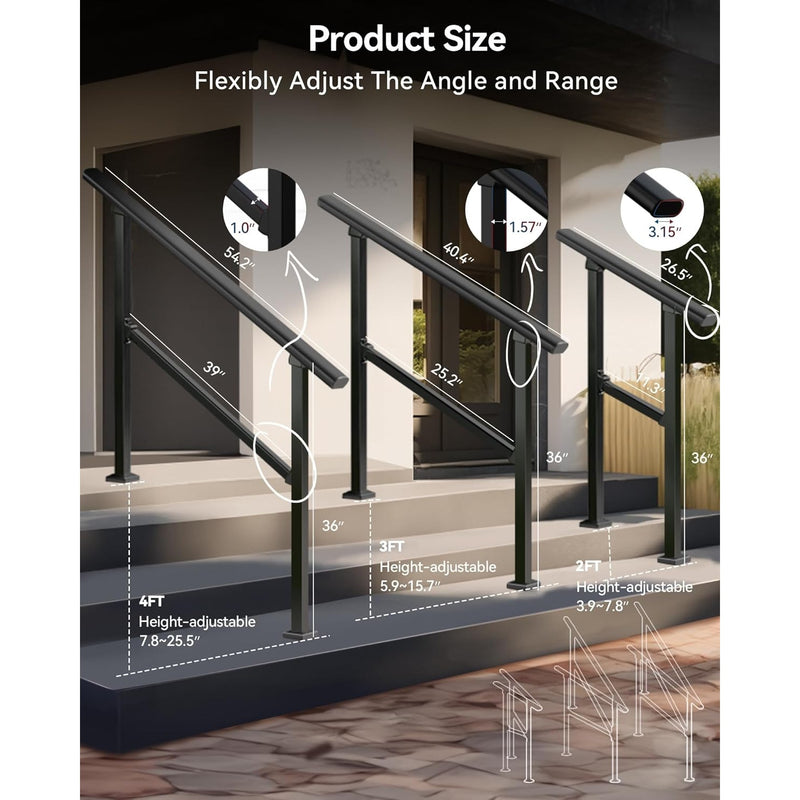 ZeroPone Upgrade 2-Steps Outdoor Handrail with Screw Kit, Zinc Steel  - Black