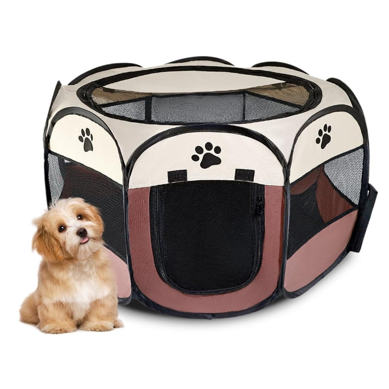 Wxrhiyer Portable Octagonal Dog Playpen, 27" x 17.5" Indoor/Outdoor Use - Brown