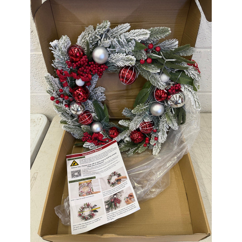 Christmas Wreath with Lights, Red Berries, Ornaments and Pine Branches, 24"
