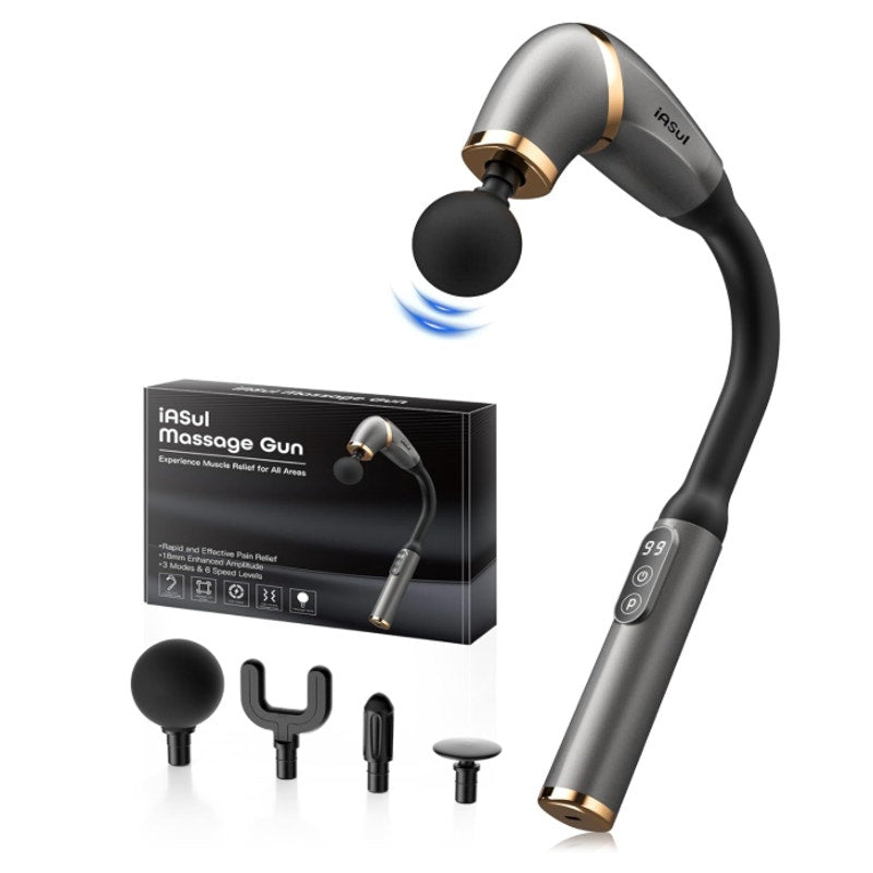IASUI Massage Gun Extended Handle Back Massager 4 Heads, 3 Modes & 6 Speeds