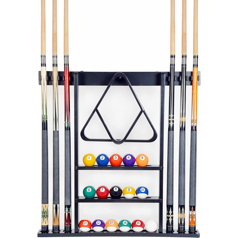 Iszy Billiards Pool Cue Rack, Billiard Stick Holder Holds 6 Cues, Balls Mahogany