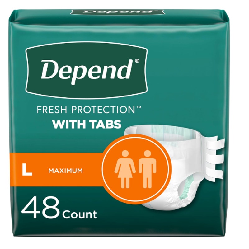 Depend Incontinence Protection with Tabs, Unisex, Large 35–49" Waist 48 Count