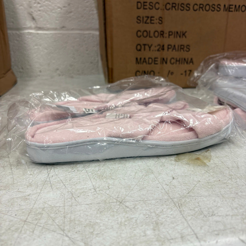 LOT-OF-24 Criss Cross Slippers SMALL, Memory Foam, Rubber Bottom - Pink / White
