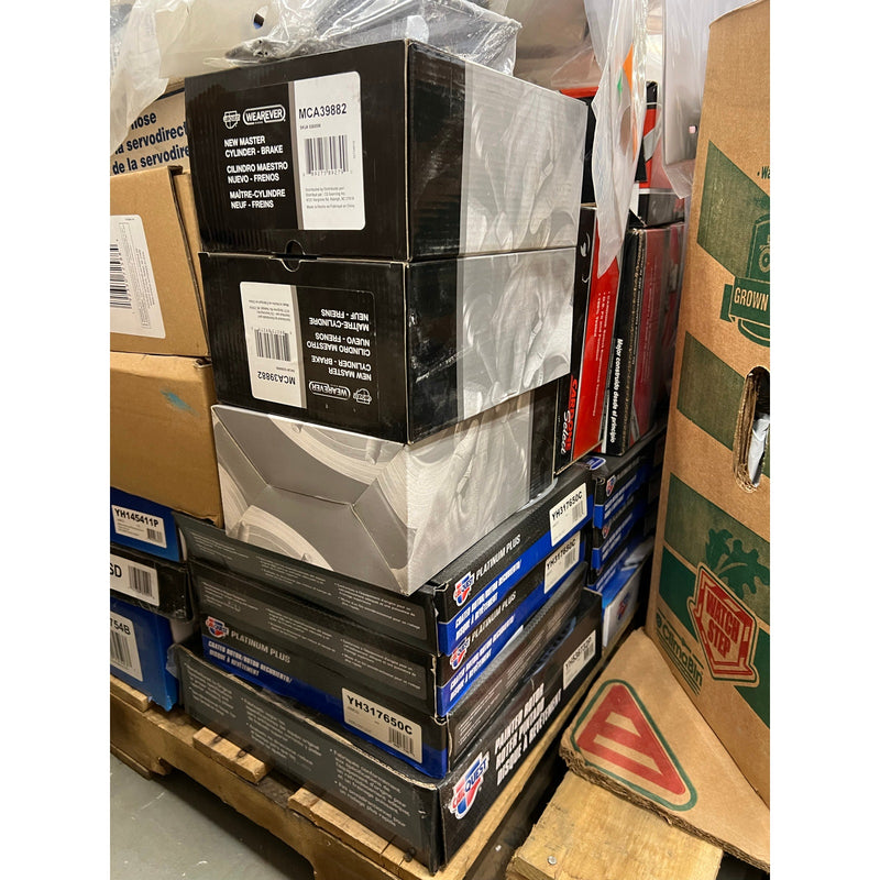 Pallet-of-75+ Pcs Auto Car Parts & Accessories Rotors, Control Arms, Brake Pads