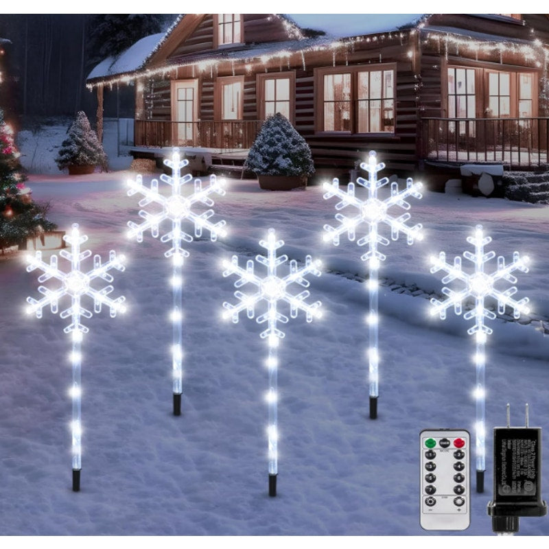 LYUBASA - Paquete de 5 luces navideñas enchufables con forma de copo de nieve para exteriores con temporizador