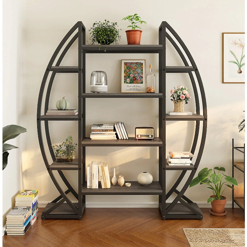 Tribesigns Industrial Bookshelf Oval Triple Wide Bookcase Display Shelves Gray