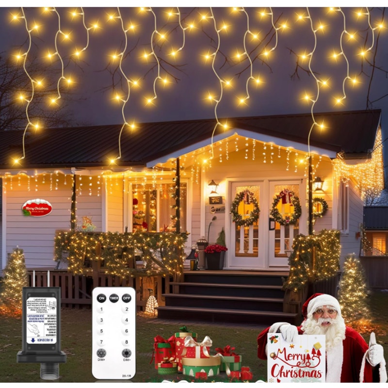 Soiarllt 32.8FT Christmas Icicle Lights Outdoor, 502 LED Warm White Lights