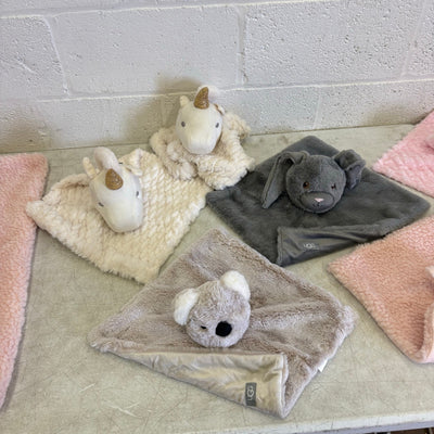 LOT-of-9 UGG Baby Security Blankets, Different Animals, Pink, Gray, Cream, Blue