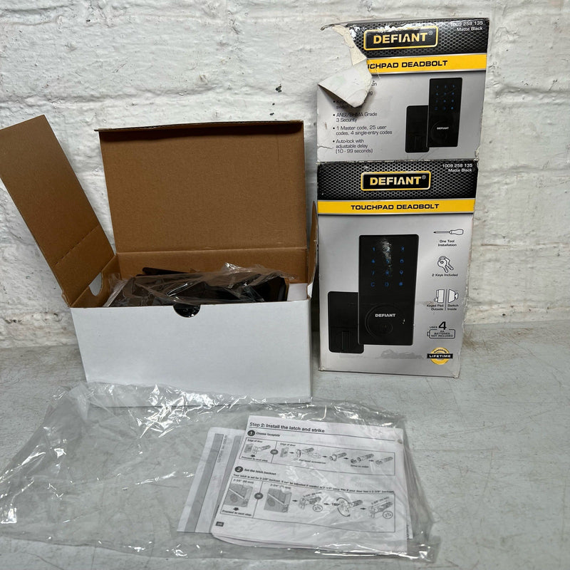 Defiant Slim Electronic Touchpad Deadbolt w 2 Keys, Matte Black, Missing Screws