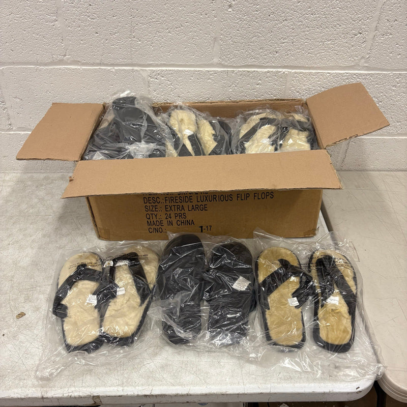 LOT-OF-24 Fireside Flip Flops LARGE, Fur Lining, Rubber Bottom - Black / Tan