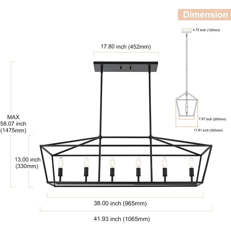 WINSHEN 6-Lights Kitchen Island Pendant Lighting in Black Finish, 43" x 14" x 7"