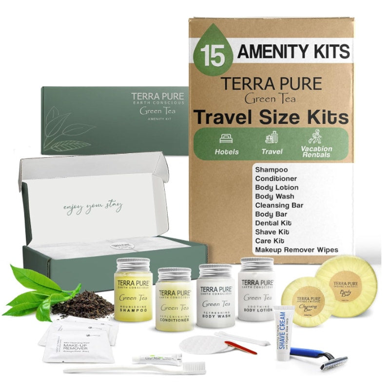 15-PACK Terra Pure Green Tea Amenity & Accessory Kit, Travel Size Bath/Body Kit