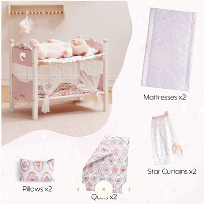 ROBUD Pink Princess Bunk Bed, Doll Bed Set w Curtain, 22.2"x18.7"x12.2" - WRP35