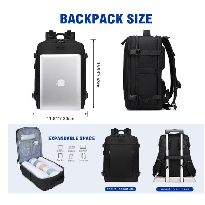 Jyvexius Laptop Backpack 40L Travel & Business 17" Water-Resistant - Black