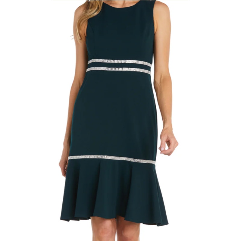 R&M Richards Knee Length Rhinestone Cocktail Dress w Bottom Ruffle Green Sz 14