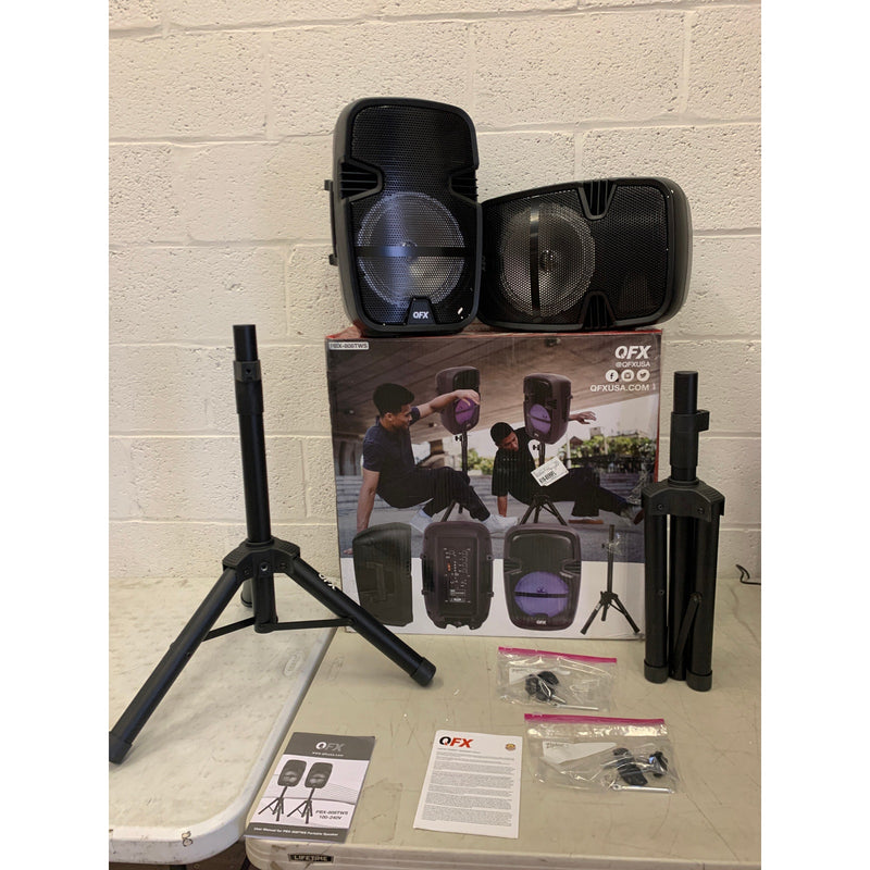 Set-of-2 QFX Portable Bluetooth Speakers with Stands, 8" Subs, NO CORDS