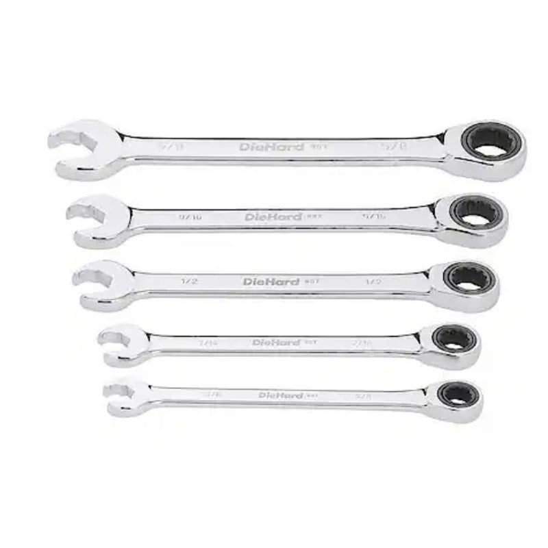 DieHard Ratcheting Wrench Set, SAE, 5-Piece, 12 Point, 3/8, 7/16, 1/2, 9/16, 5/8