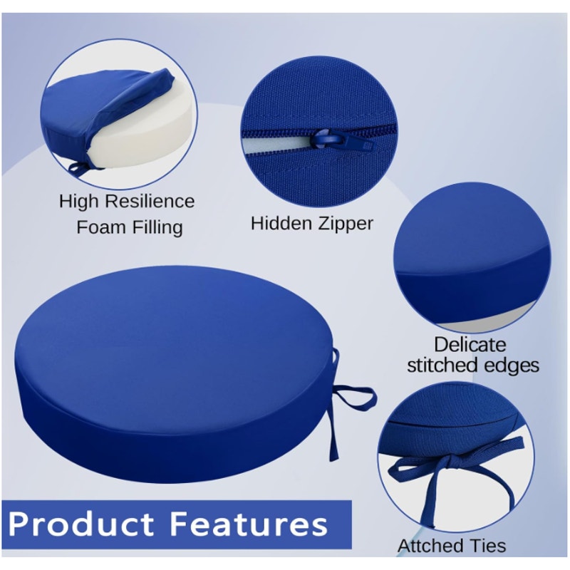 Set-of-6 idee-home Outdoor Bistro Chair Cushions, 15”x3” Thick, Round - Blue