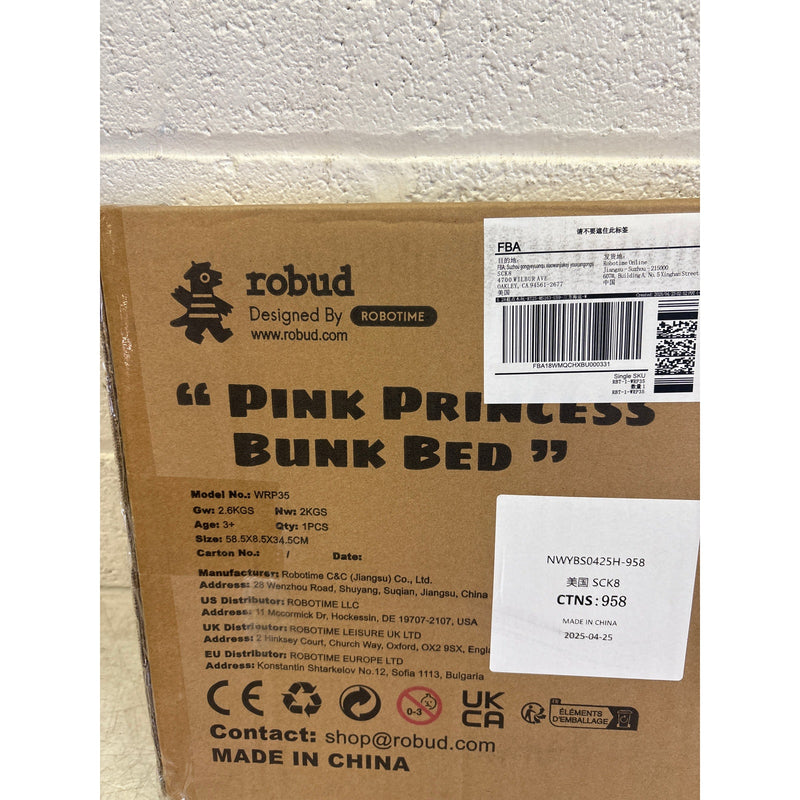 ROBUD Pink Princess Bunk Bed, Doll Bed Set w Curtain, 22.2"x18.7"x12.2" - WRP35