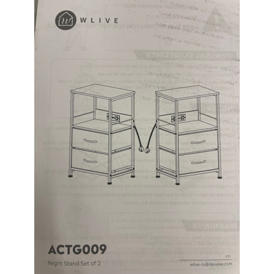 WLIVE Night Stand Set of 2 with Charger Station, Black, 2 Fabric Drawers