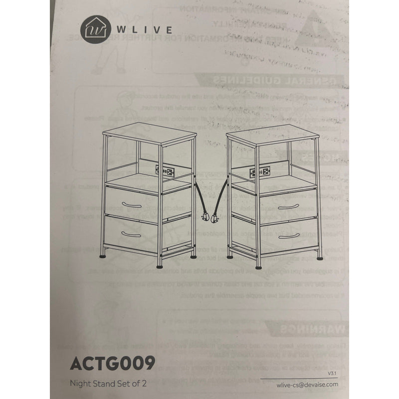 WLIVE Night Stand Set of 2 with Charger Station, Black, 2 Fabric Drawers
