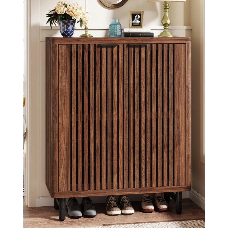 Tribesigns 6-Tier Wooden Shoe Cabinet, Louvered Doors & Adjustable Shelves, READ
