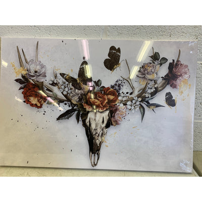 36" x 16" Sechars Deer Antler Wall Decor Elk Skull with Flower Painting, 3 Panel