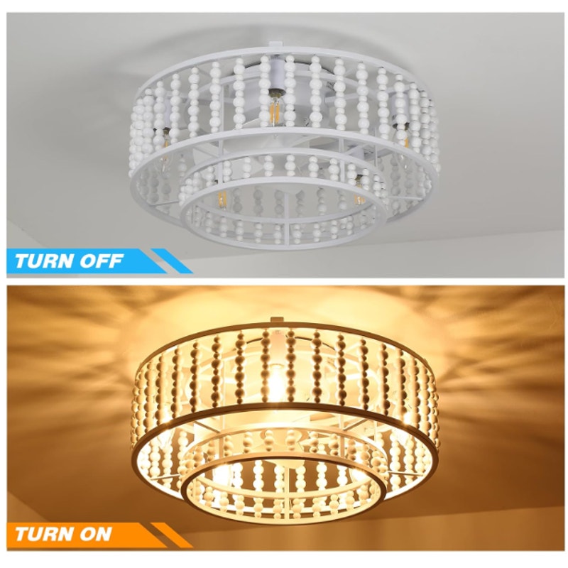 Boho Wood Beaded Ceiling Fan with Light and Remote, 19" Caged Ceiling Fan White
