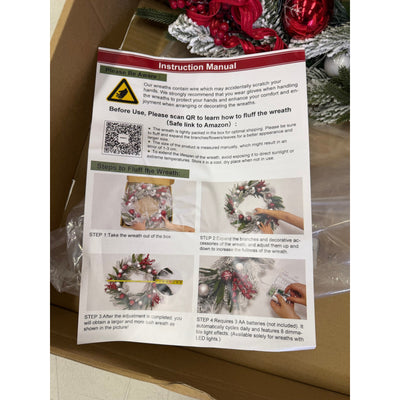 Christmas Wreath with Lights, Red Berries, Ornaments and Pine Branches, 24"