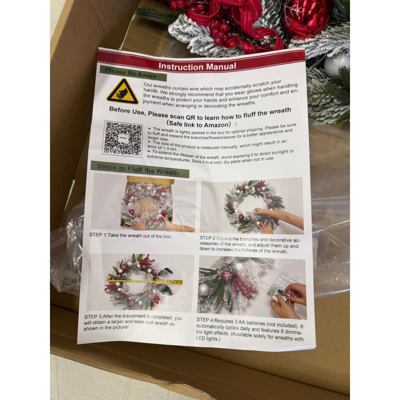 Christmas Wreath with Lights, Red Berries, Ornaments and Pine Branches, 24"