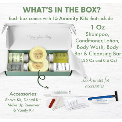 15-PACK Terra Pure Green Tea Amenity & Accessory Kit, Travel Size Bath/Body Kit
