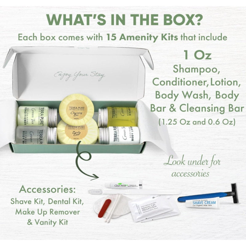 15-PACK Terra Pure Green Tea Amenity & Accessory Kit, Travel Size Bath/Body Kit