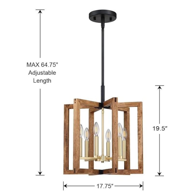 Leading Lighting 6 Light Gold Hanging Chandelier, Natural Wood with Black Frame