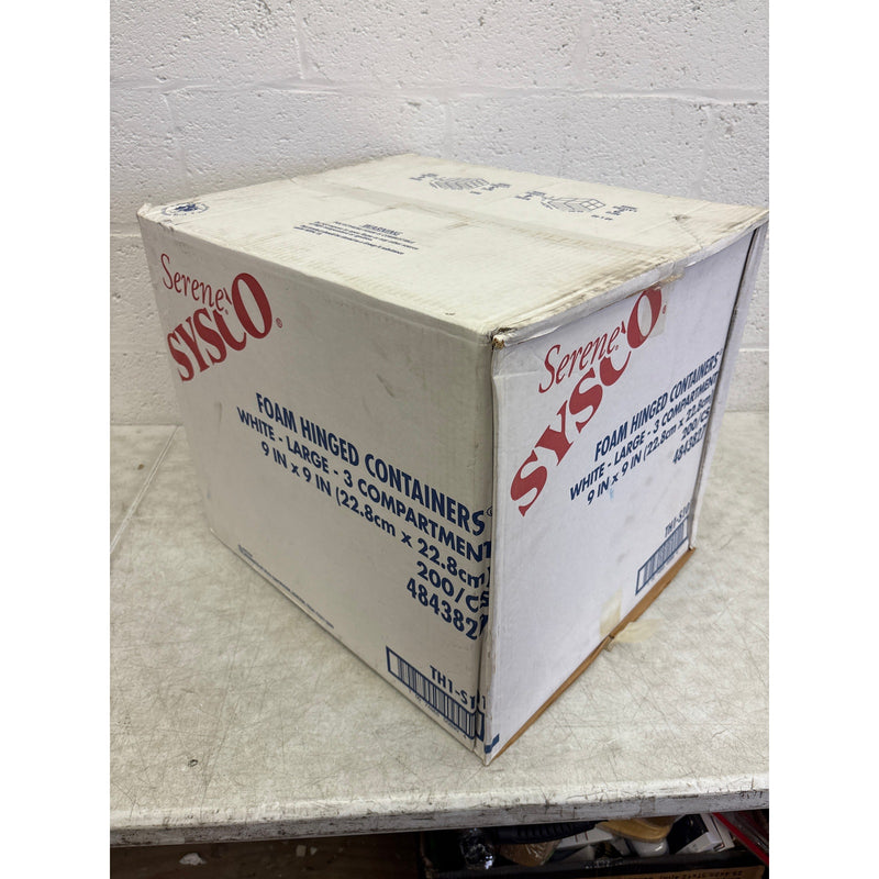 Sysco Foam Hinged Lid Containers White 9" x 9 "x 3", 3-Compartment 200 Pack