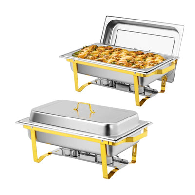 SET-OF-2 ROVSUN 9 QT Rectangle Gold Chafing Dish Buffet Set w Full Size Pans READ