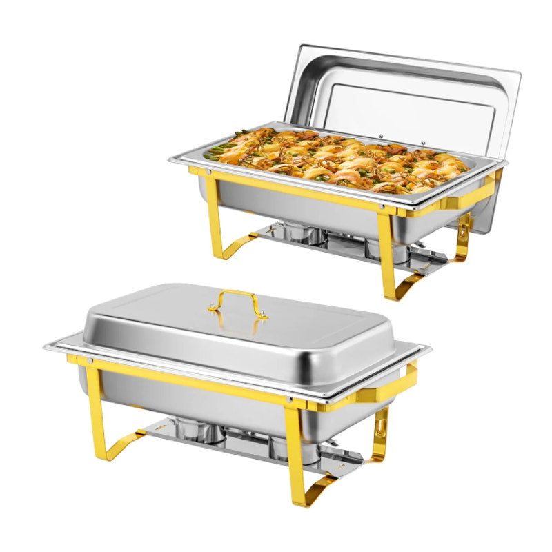 SET-OF-2 ROVSUN 9 QT Rectangle Gold Chafing Dish Buffet Set w Full Size Pans READ