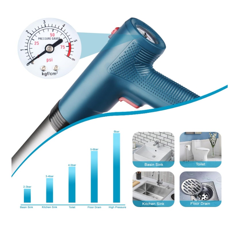 High Pressure Electric Pipe Dredger Plunger Blaster Rechargeable w Attachments