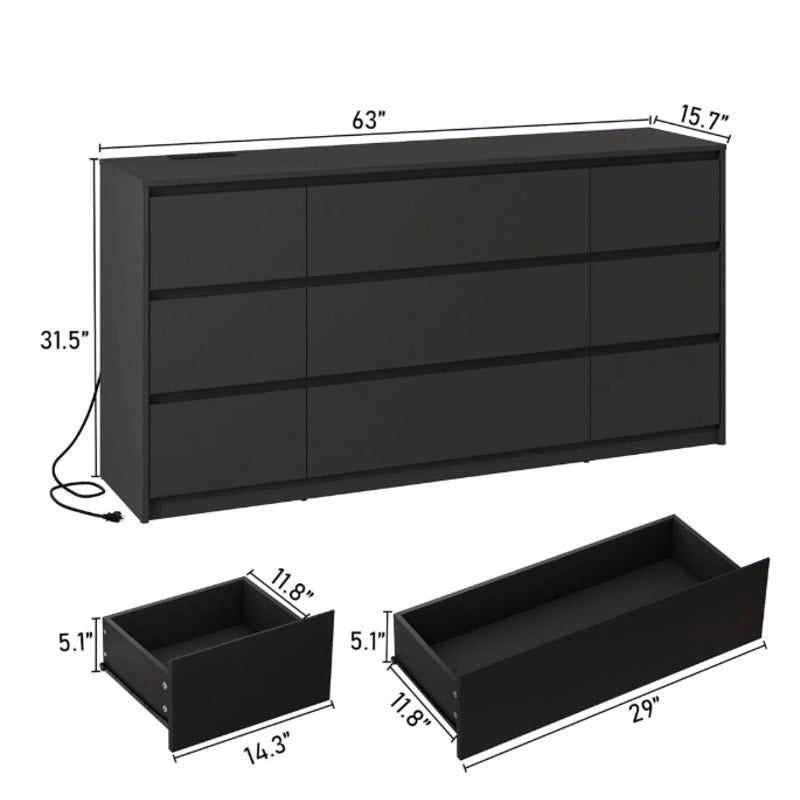 ChVans 9 Drawers Dresser with Charging Station, 63" Long, Modern, Black, READ