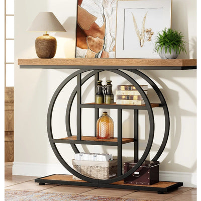 Tribesigns 41.3" Console Table, Industrial 4-Tier Sofa Table w Circle Base Brown