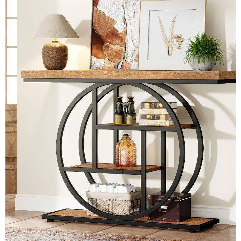 Tribesigns 41.3" Console Table, Industrial 4-Tier Sofa Table w Circle Base Brown