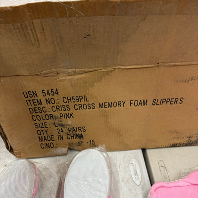 LOT-OF-24 Criss Cross Slippers LARGE, Memory Foam, Rubber Bottom - Pink / White