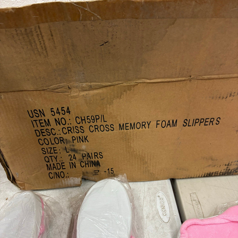 LOT-OF-24 Criss Cross Slippers LARGE, Memory Foam, Rubber Bottom - Pink / White