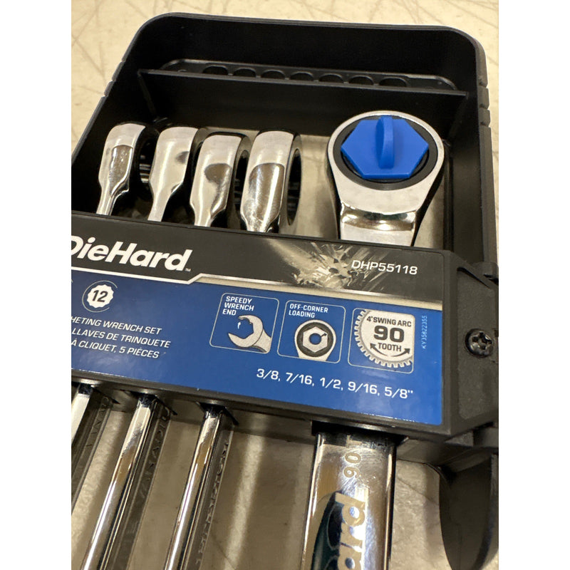 DieHard Ratcheting Wrench Set, SAE, 5-Piece, 12 Point, 3/8, 7/16, 1/2, 9/16, 5/8