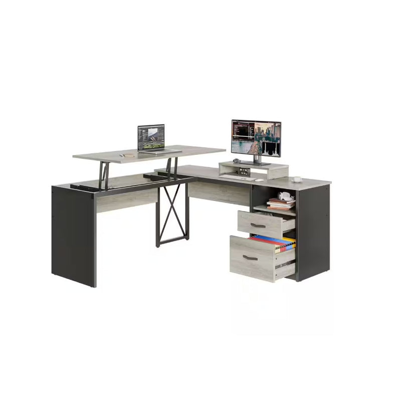 55.7 in. Retro Grey Oak Light 2 Drawer L-Shaped Computer Desk with Lift-Top