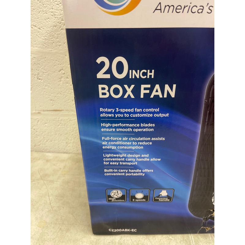 Comfort Zone Box Fan w Carry Handle, 20 inch, 3 Speed Air Circulation DAMAGED