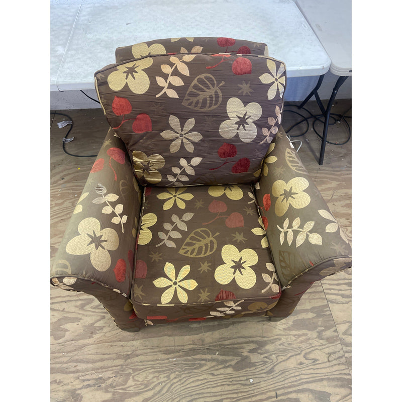 34" Armchair, Floral Design, Accent Chair, Wood Pegs, Brown/Tan/Red